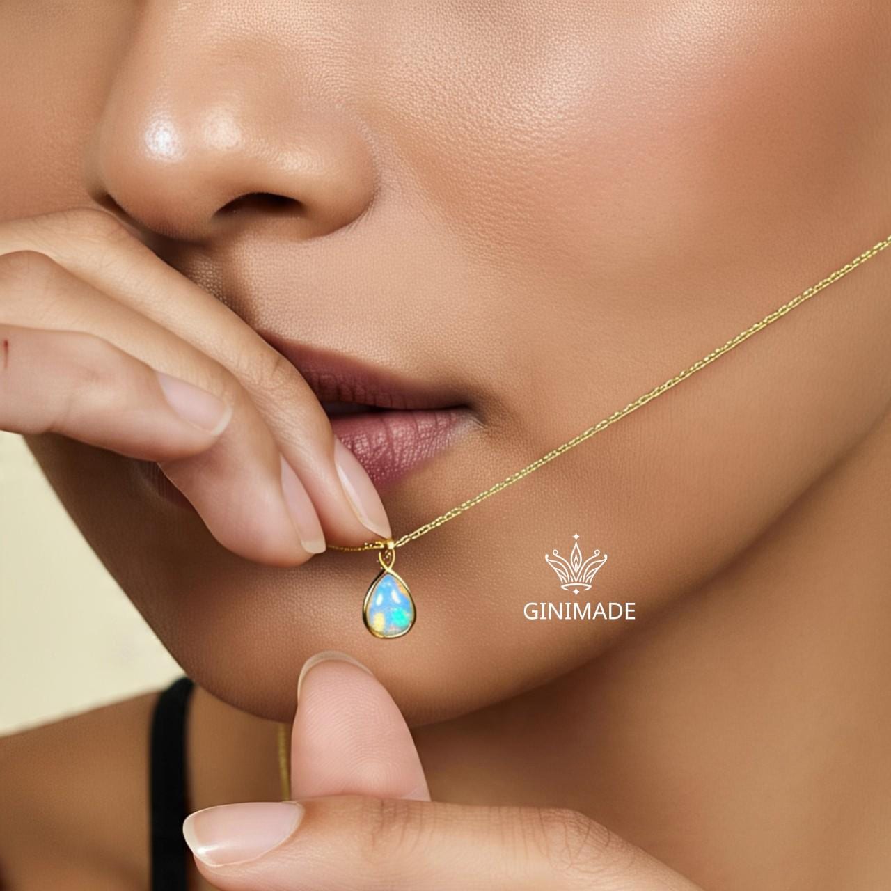 Tiny Opal Gold Necklace – Dainty October Birthstone Pear Pendant, Minimalist Opal Jewelry, Bridesmaid Gift, Birthday Gift for Her.