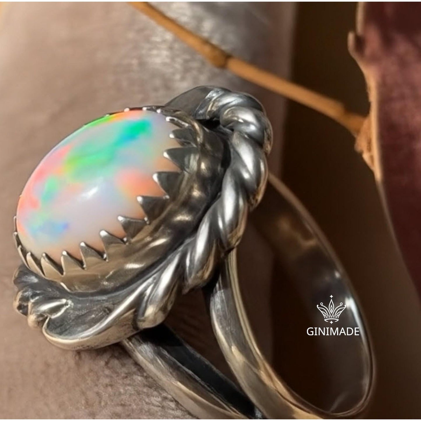 Vintage Fire Opal Ring | Sterling Silver Twisted Rope Design | Oval Rainbow Opal Statement Ring | October Birthstone Jewelry