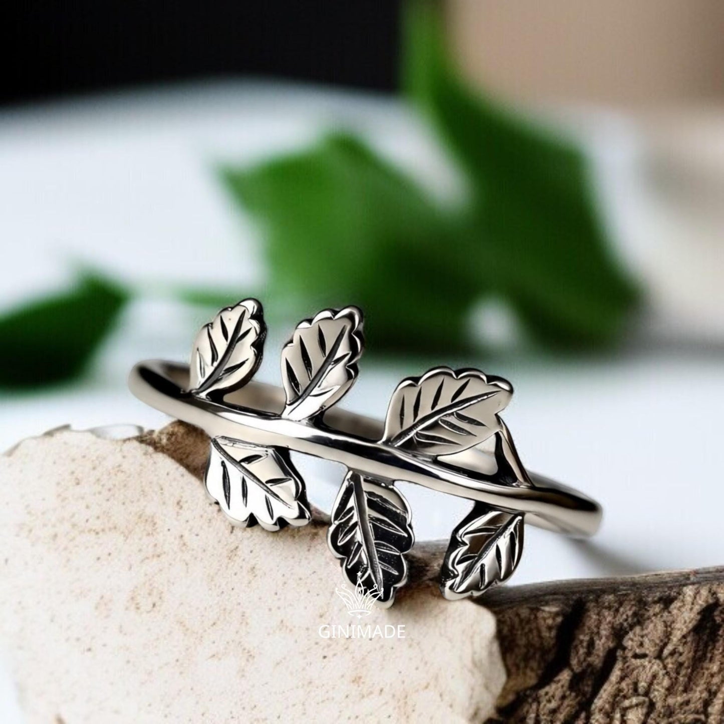 Silver Leaf Branch Ring | Nature Inspired Vine Ring for Women & Men | Botanical Leaf Band | Sterling Silver Look Minimal Ring | Gift Jewelry