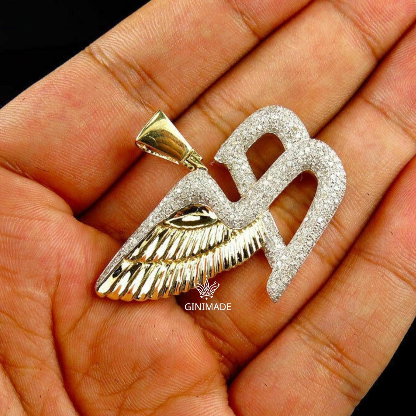 Custom Gold Initial B Pendant with Angel Wing – Iced Out Letter Charm Necklace for Men & Women.
