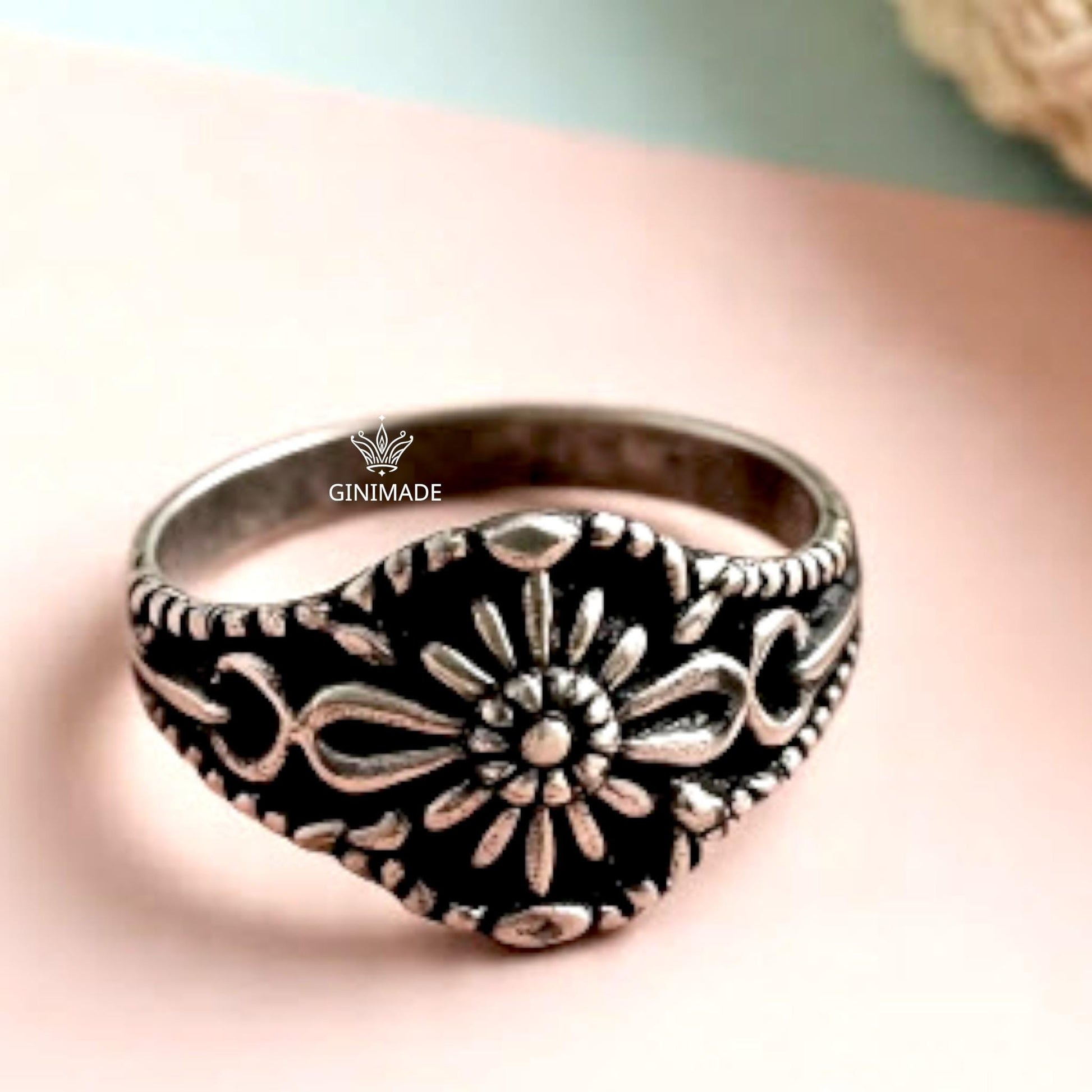 Oxidized sterling silver floral ring