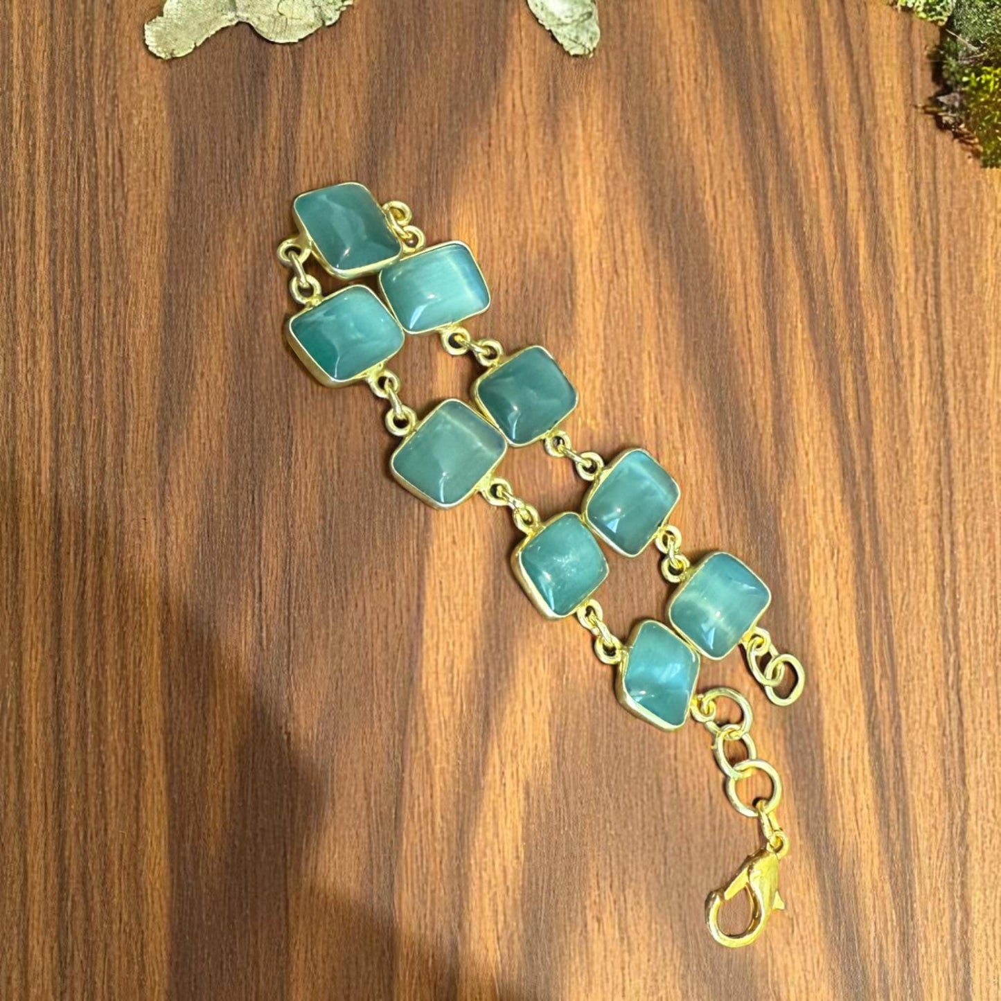 Dainty Handmade Bracelet for Women – Green Glass Stone Jewelry – Gold-Plated Brass Bracelet – Minimalist Gift for Her