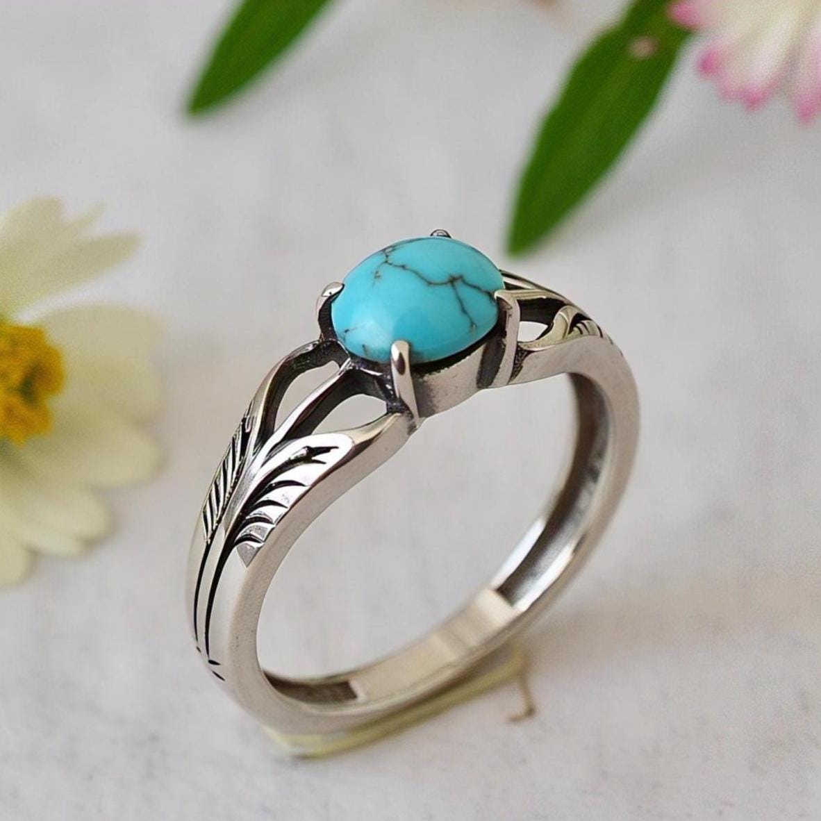 Boho Natural Tibetan Turquoise Rings in 925 Sterling Silver – Oval Gemstone Accents, Vintage-Inspired Bohemian Jewelry