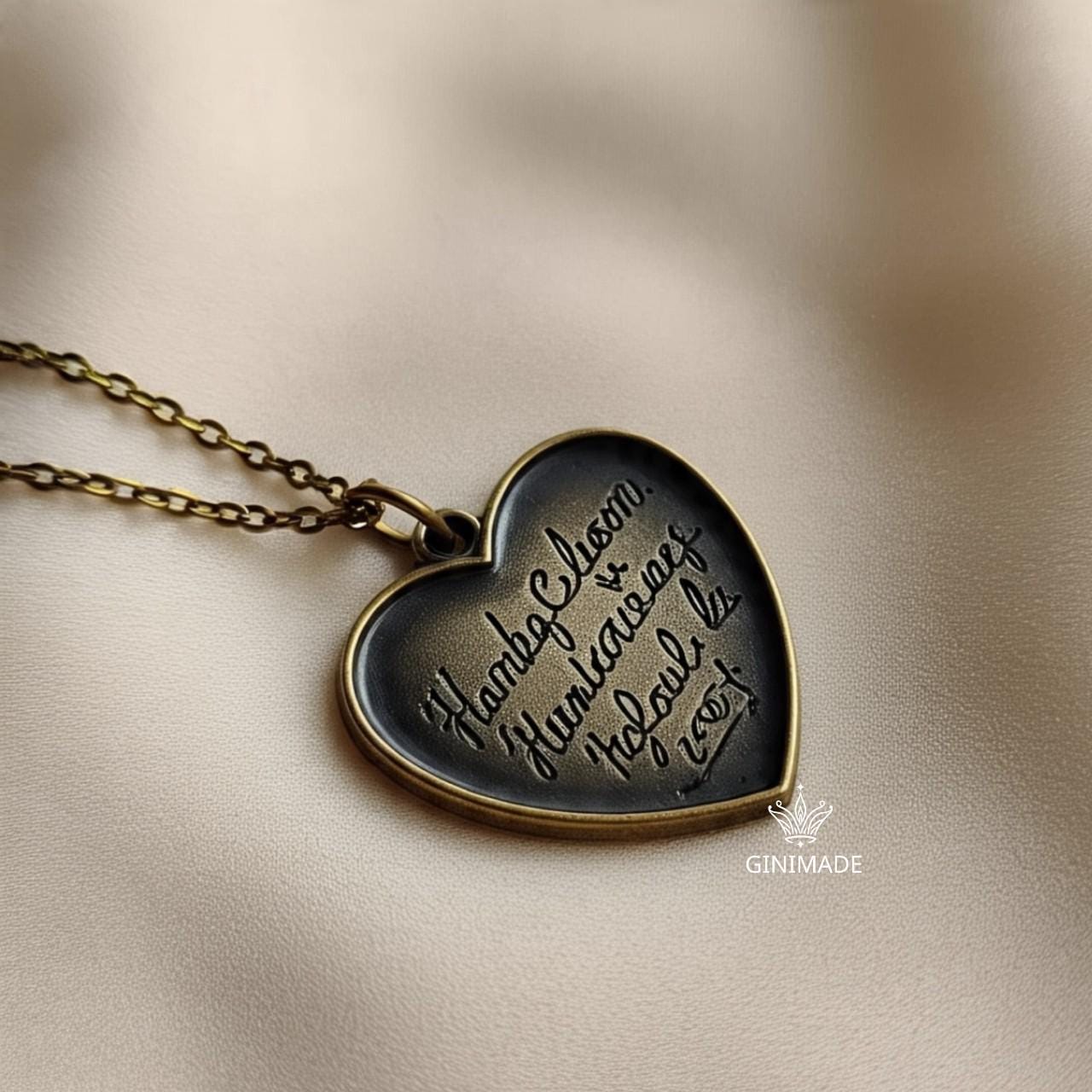 Custom Handwriting Heart Necklace – Black Oxidized Memorial Jewelry, Your Signature Engraved, Brass Heart Pendant –Personalized Couple Gift.