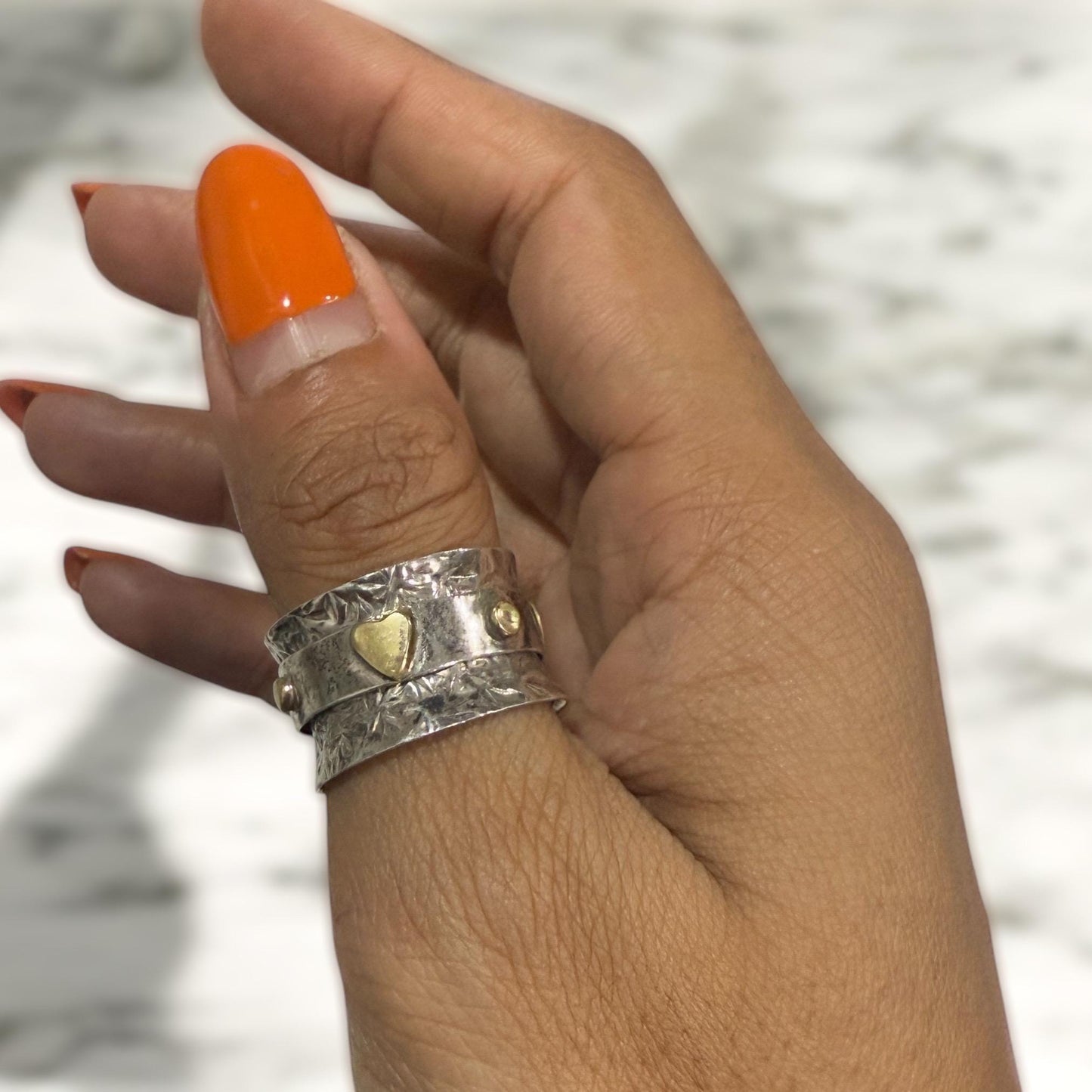 925 Sterling Silver Spinner Ring with Gold Heart – Handmade Textured Meditation Band for Women & Men, Boho Thumb Ring