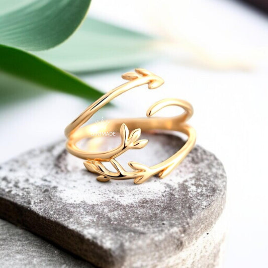 Adjustable Gold Leaf Wrap Ring | Nature Inspired Open Ring for Women | Dainty Botanical Jewelry | Minimalist Forest Ring Gift