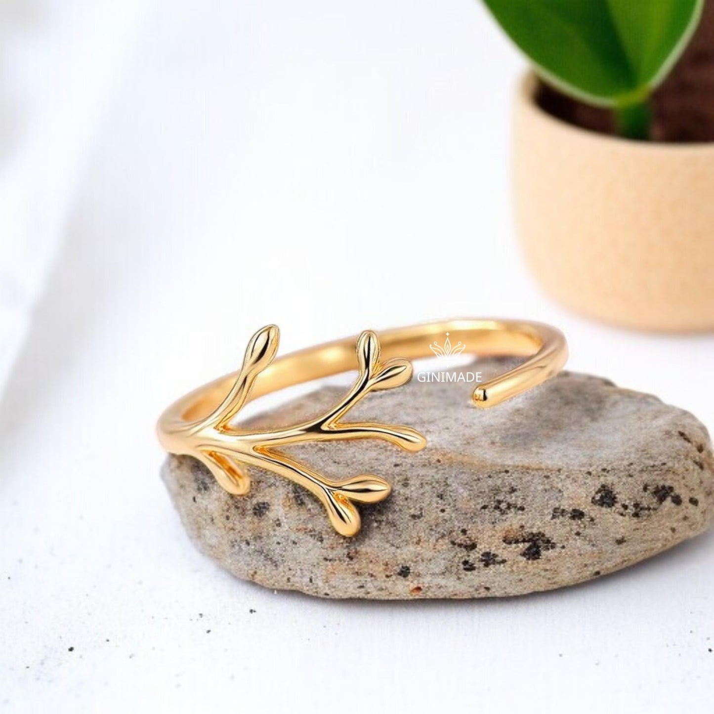 Adjustable Gold Leaf Branch Ring | Dainty Nature Inspired Ring for Women | Minimalist Botanical Jewelry Gift | Gold Plated Twig Ring