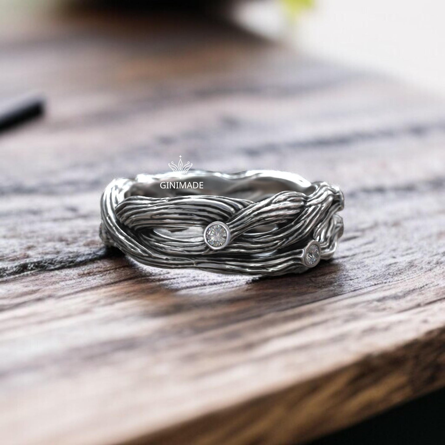 Boho Nature-Inspired Branch Ring – Sterling Silver Tree Bark Band with Diamonds – Organic Woodland Engagement or Promise Ring