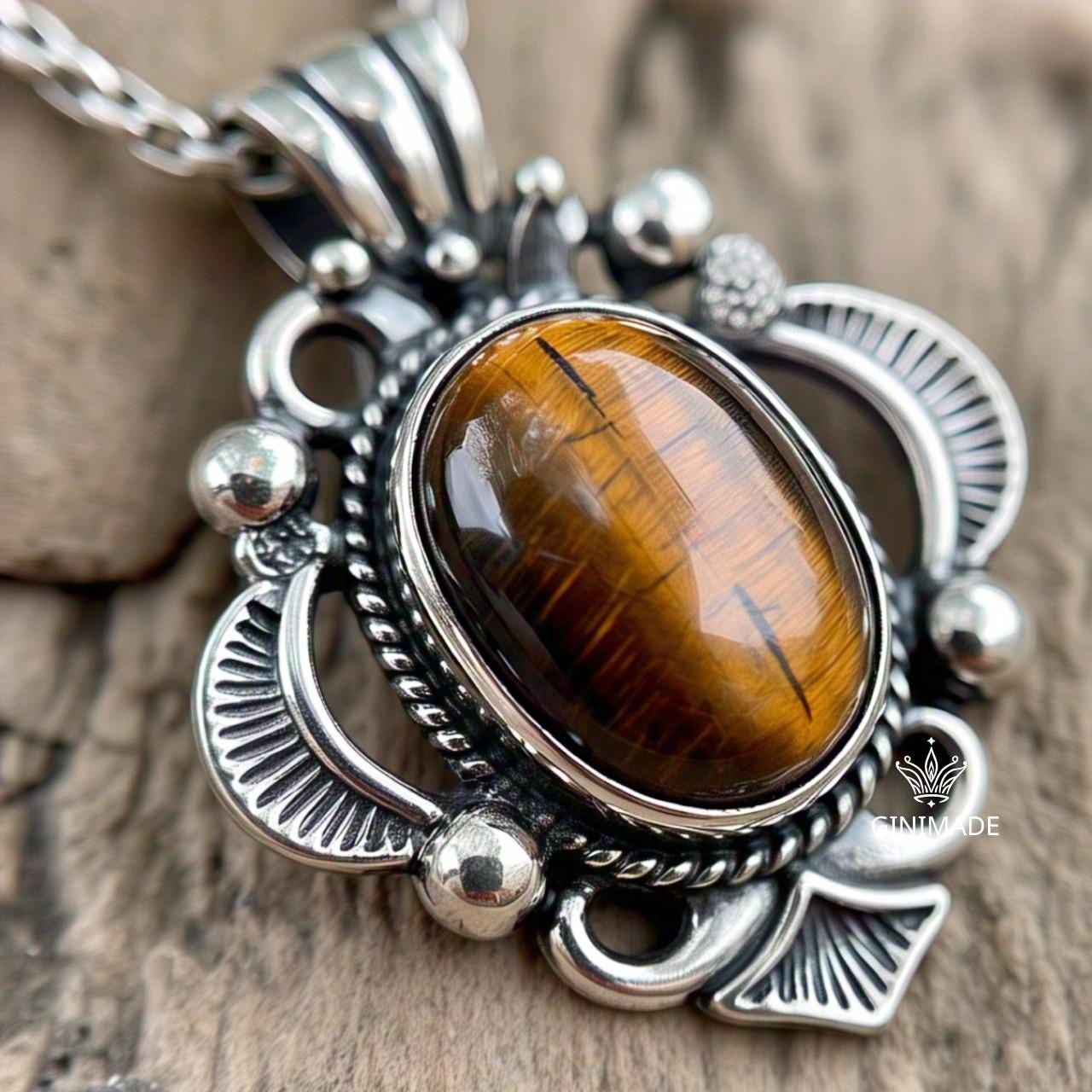 Handmade Boho Tiger Eye Pendant | Sterling Silver Gemstone Jewelry | Vintage Style Oval Necklace | Bohemian Statement Pendant