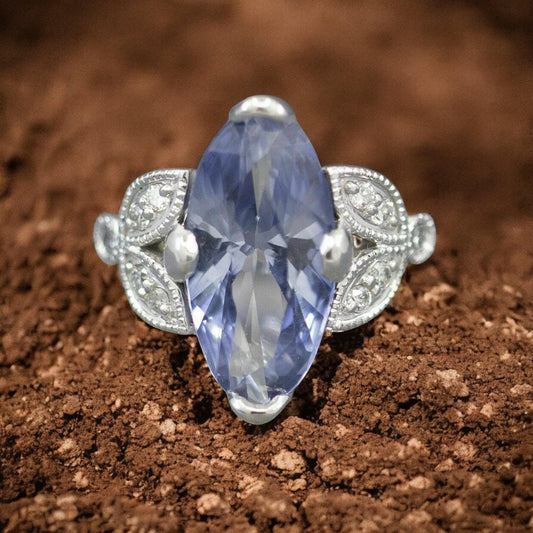 Vintage Marquise Blue CZ Engagement Ring | Leaf Promise Ring | Stunning Blue Wedding Solitaire 925 silver ring.