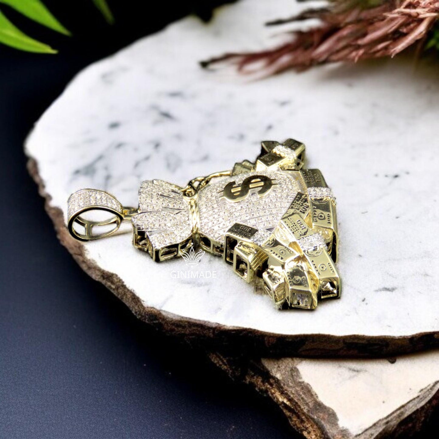 Money Bag Pendant with Dollar Sign – Iced Out Gold & Diamond Simulated Hip Hop Necklace | Statement Jewelry for Men