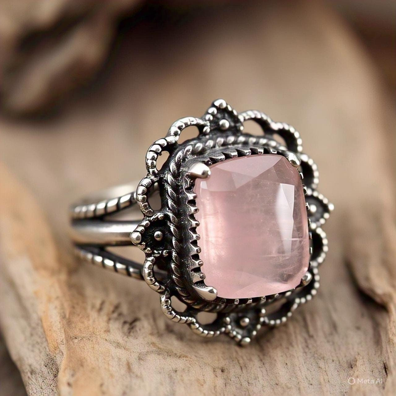 Boho Rose Quartz Ring in 925 Sterling Silver Cushion Cut Gemstone Ring Natural Rose Quartz Jewelry Bohemian Vintage Style Ring Gift for Her