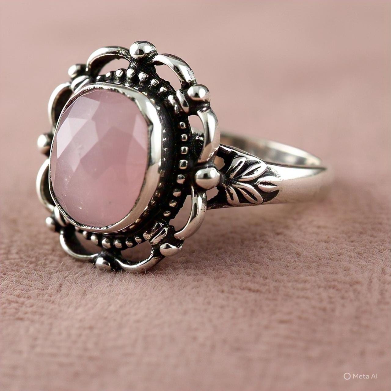 Boho Rose Quartz Ring in 925 Sterling Silver Cushion Cut Gemstone Ring Natural Rose Quartz Jewelry Bohemian Vintage Style Ring Gift for Her