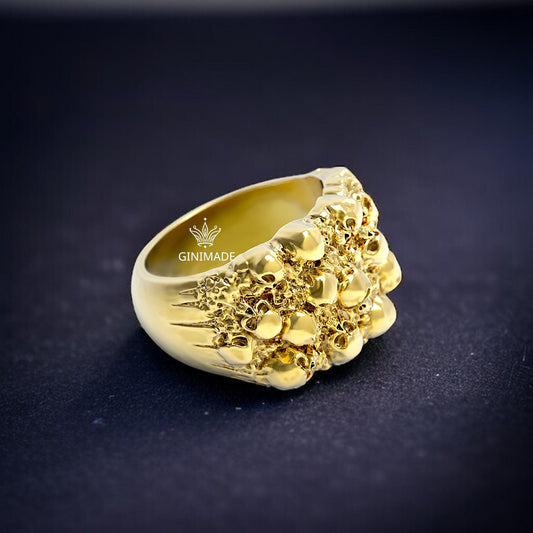 Gold Nugget Skull Ring – Men's Bold Gothic Statement Ring – 18K Gold Plated Nugget Texture with Skulls – Biker Punk Jewelry by Ginimade