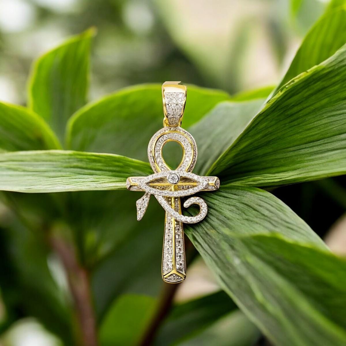 Ankh Cross Necklace • Eye of Horus Pendant • 925 Sterling Silver with CZ Stones • Gold Plated Minimalist Jewelry