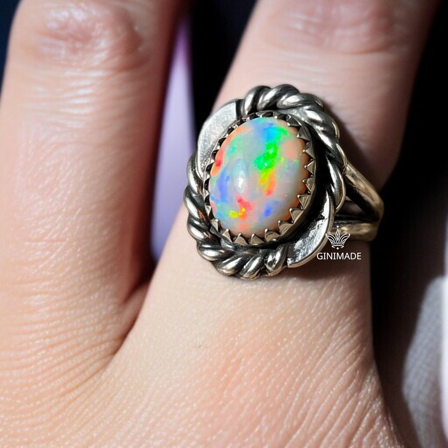 Vintage Fire Opal Ring | Sterling Silver Twisted Rope Design | Oval Rainbow Opal Statement Ring | October Birthstone Jewelry