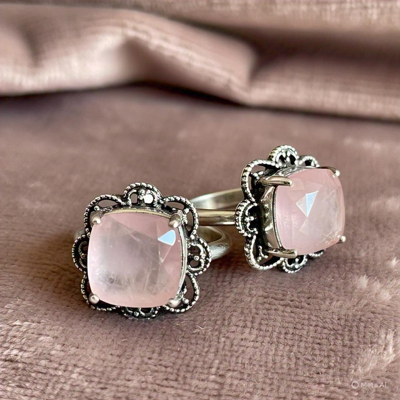 Boho Rose Quartz Ring in 925 Sterling Silver Cushion Cut Gemstone Ring Natural Rose Quartz Jewelry Bohemian Vintage Style Ring Gift for Her