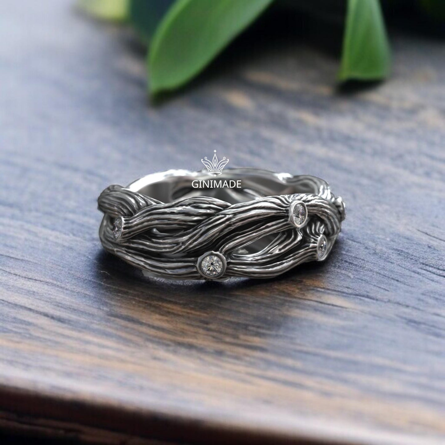 Boho Nature-Inspired Branch Ring – Sterling Silver Tree Bark Band with Diamonds – Organic Woodland Engagement or Promise Ring