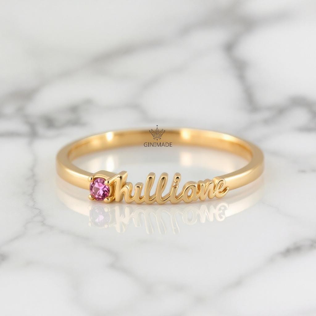 Custom Name Birthstone Ring • CZ Personalized Name Ring • Dainty Stacking Jewelry • Graduation Gift • Gift for Her • Proposal Ring