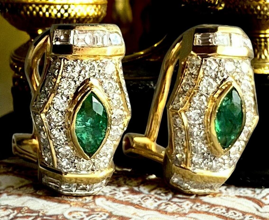 Vintage Emerald and Lab Diamond Earrings | 925 Sterling Silver Gold Plated Jewelry"