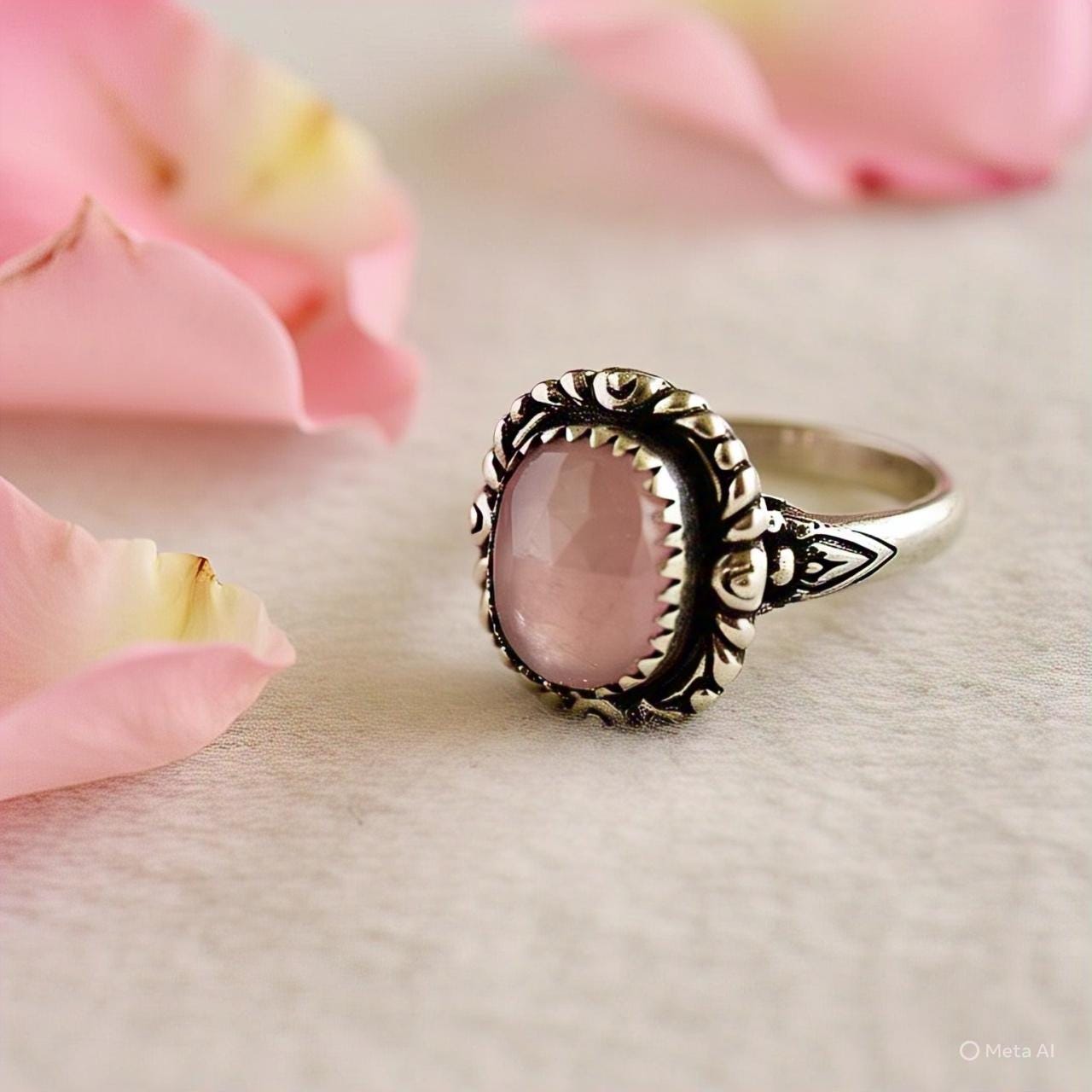 Boho Rose Quartz Ring in 925 Sterling Silver Cushion Cut Gemstone Ring Natural Rose Quartz Jewelry Bohemian Vintage Style Ring Gift for Her