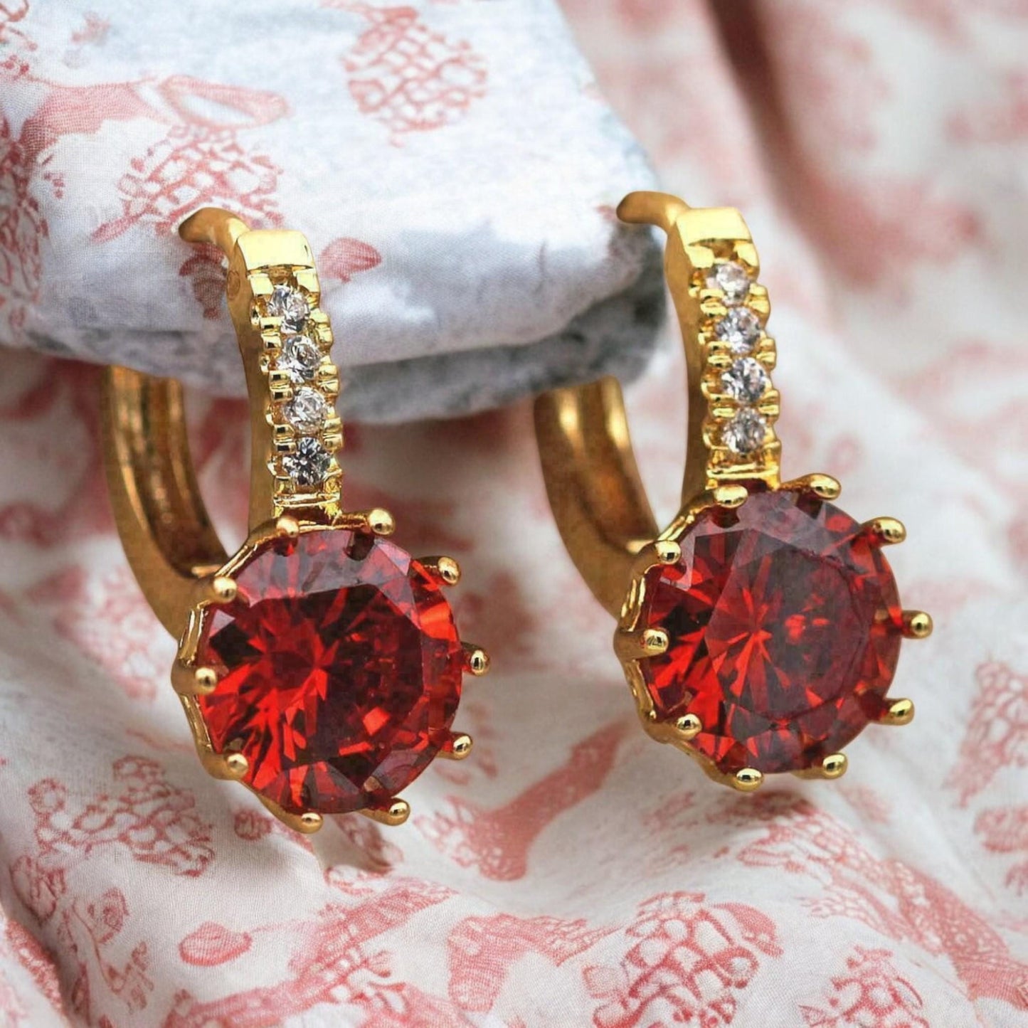 Elegant Women's Hoop Earrings with Dark Red & White CZ Crystals | 925 Sterling Silver, 18ct Gold Filled | Valentine's Day Gift for her.