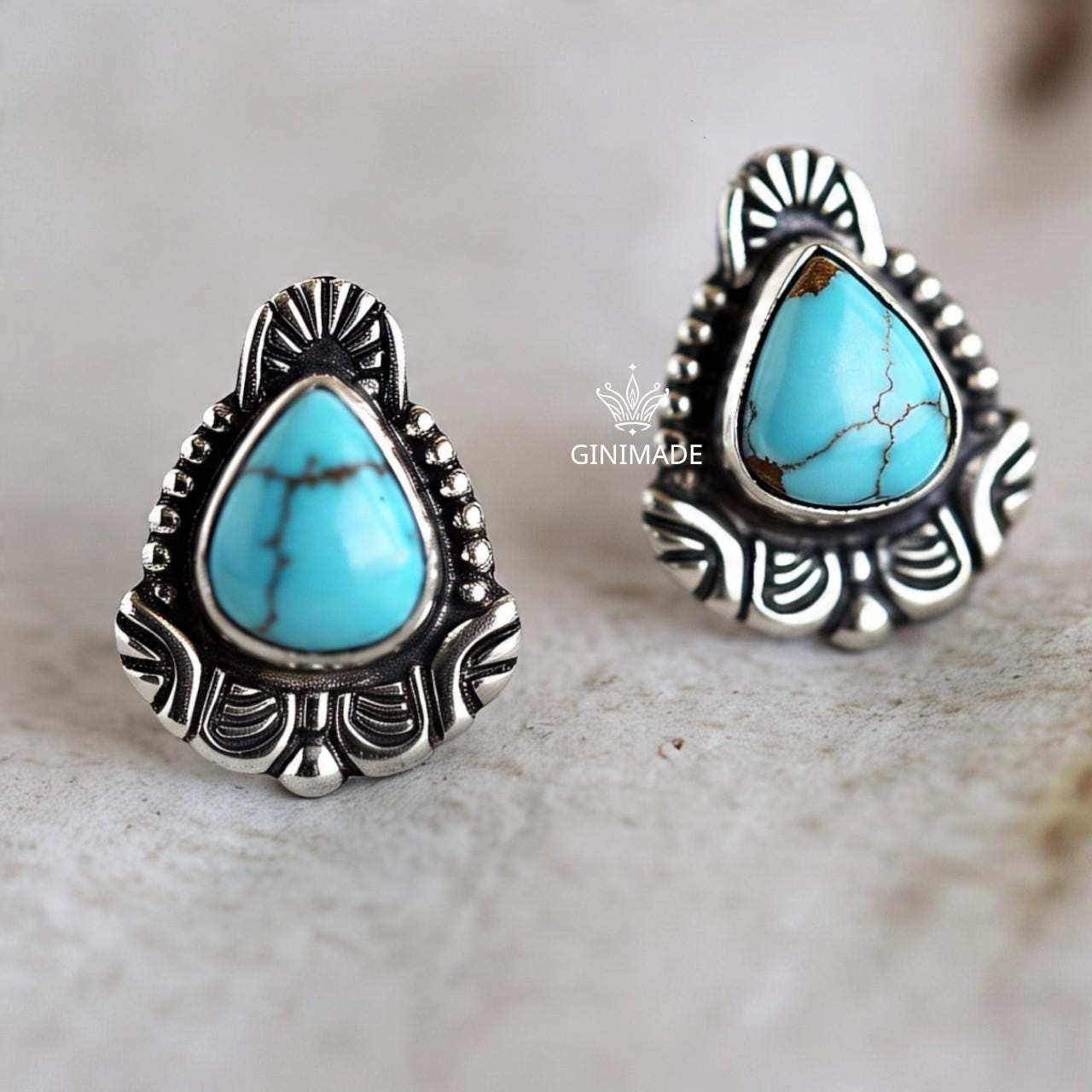 Boho Turquoise Drop Earrings | Handmade Tribal Silver Dangle Earrings | Teardrop Gemstone Oxidized Earrings | Ethnic Indian Jewelry