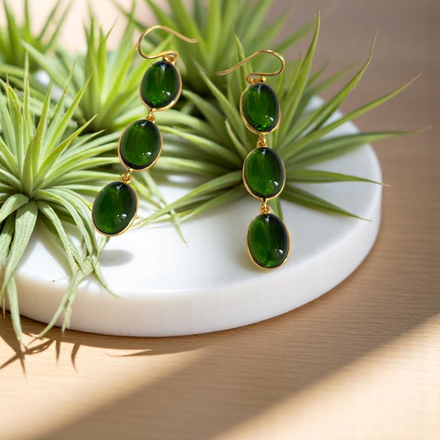 Lush Green Drops – 3-Stone Brass Earrings – Handcrafted Bohemian Chic.