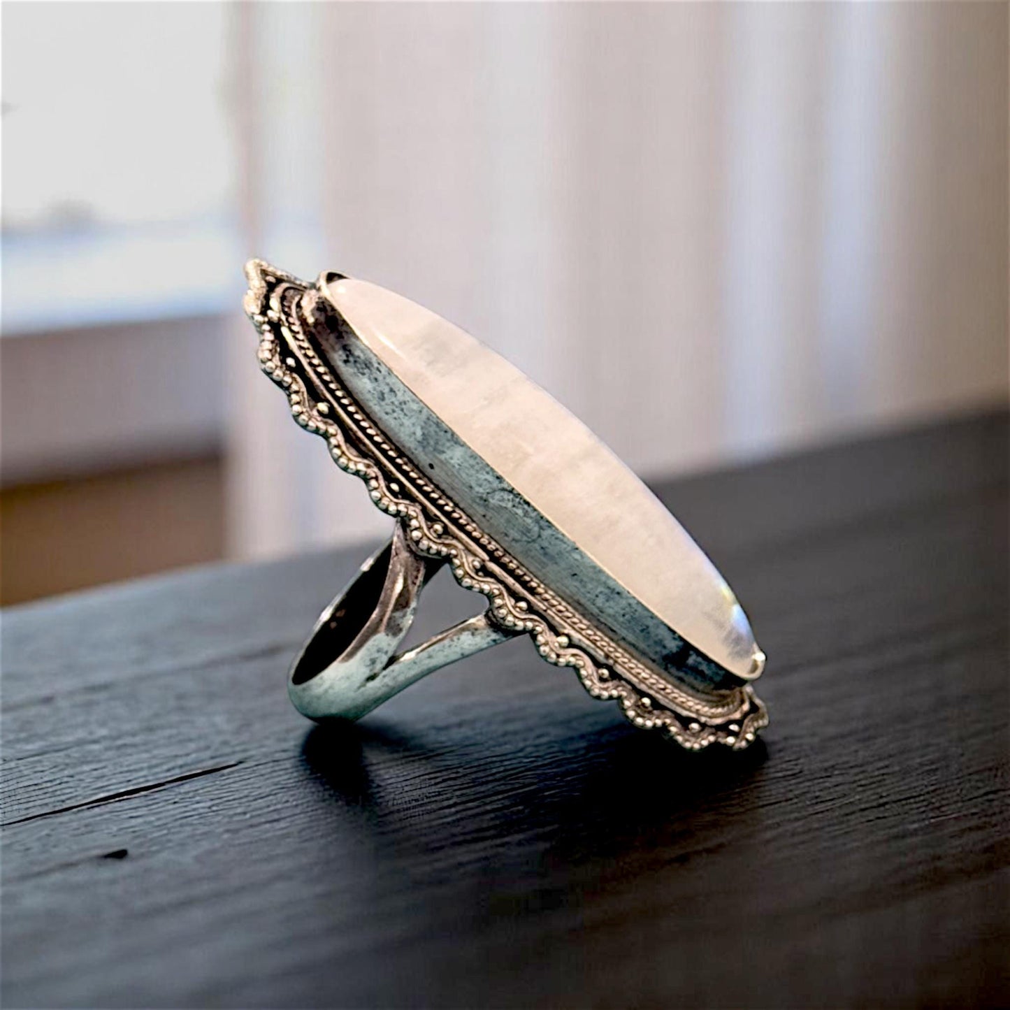 Boho 925 Sterling Silver Moonstone Ring | Long Oval Statement Ring | Handmade Vintage Style Rainbow Moonstone Jewelry for Her