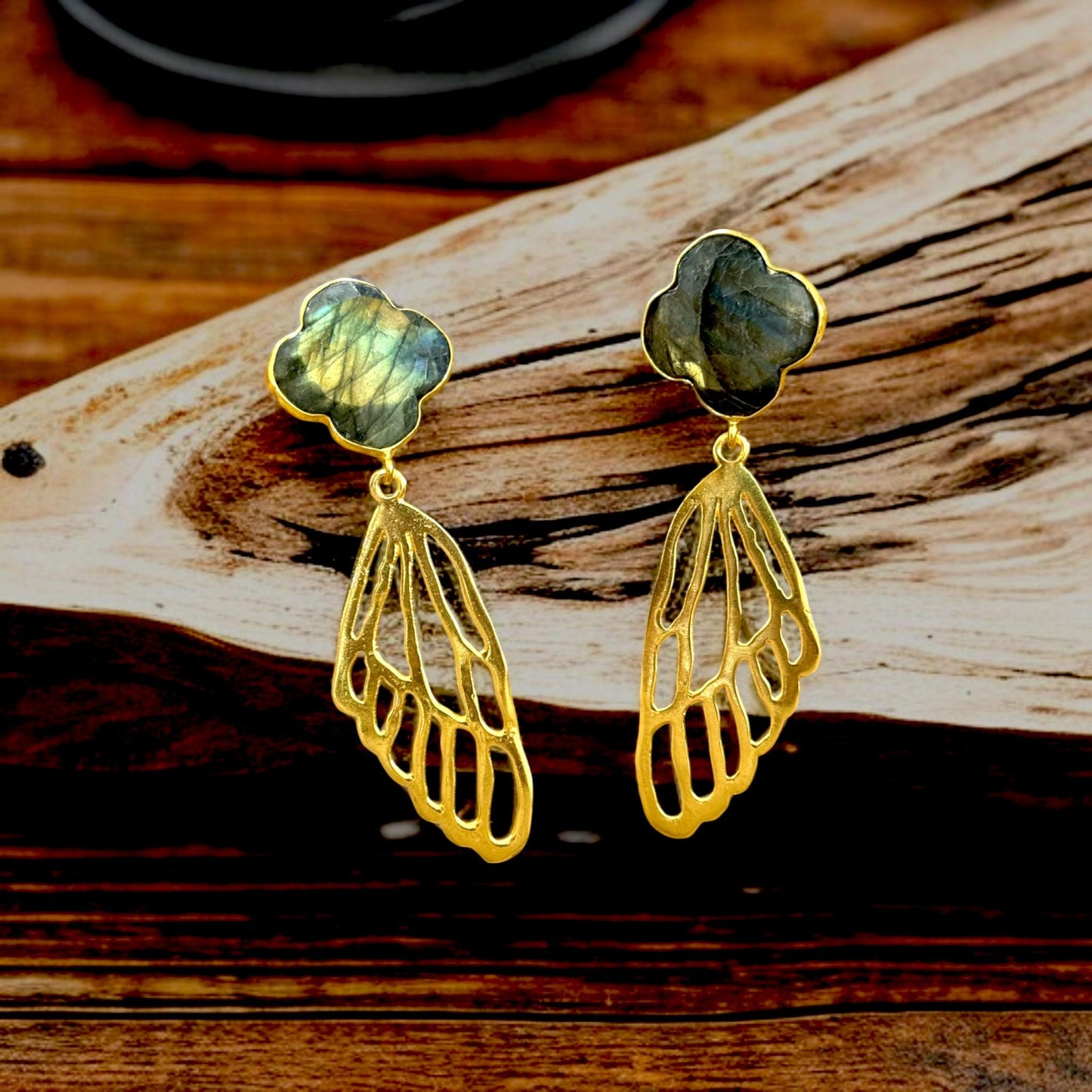 Labradorite Brass Butterfly Wing Earrings – Handmade Gold Plated Statement Dangle Earrings – Nature Inspired Boho Jewelry Gift for Her.