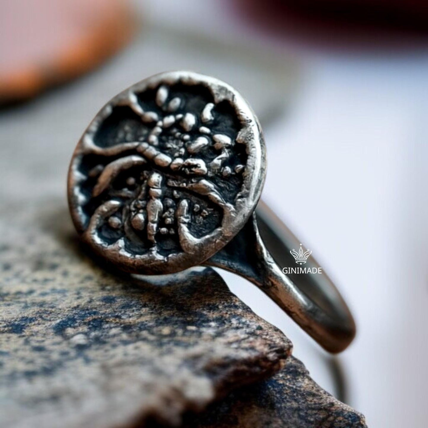 Unique Silver Ring – Handmade Rustic Botanical Ring – One of a Kind Oxidized Flower Ring – Artisan Round Nature Ring by Ginimade