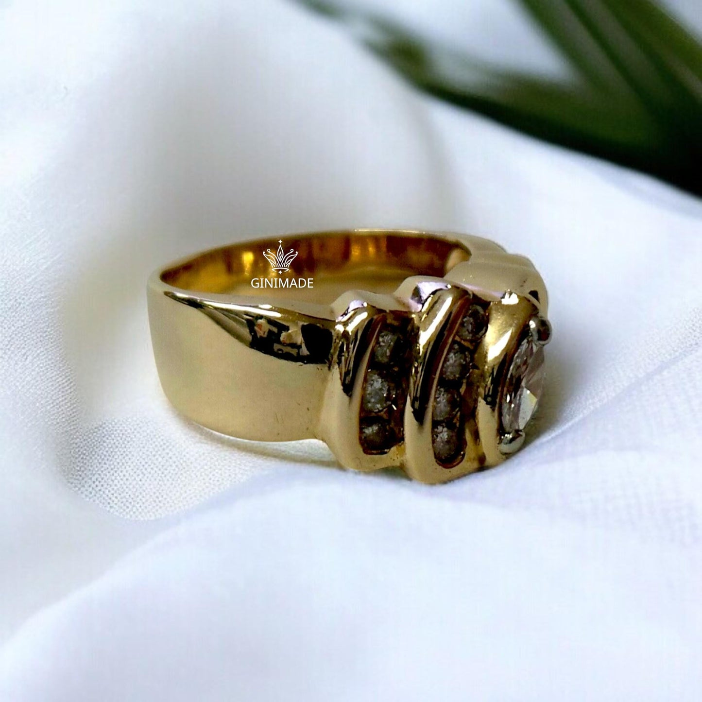 Vintage 925 Sterling Silver CZ Diamond Ring | Bold Retro Gold Plated Statement Ring | Men's Wide Band Jewelry | By Ginimade.