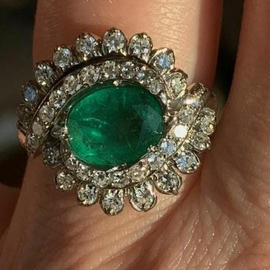 Natural Emerald CZ Diamond Ring, 925 Silver, Handcrafted Jewelry