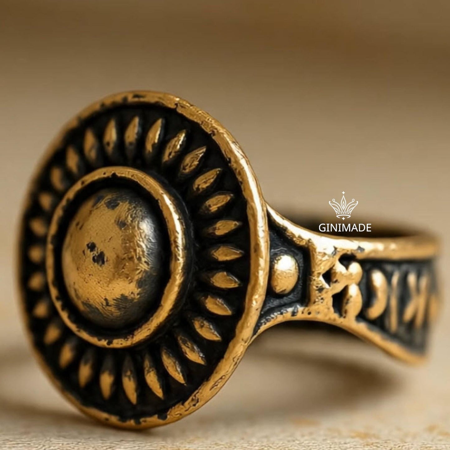 Vintage Tribal Brass Ring – Handmade Ethnic Boho Statement Ring – Bold Round Adjustable Ring for Women – Antique Jewelry by Ginimade