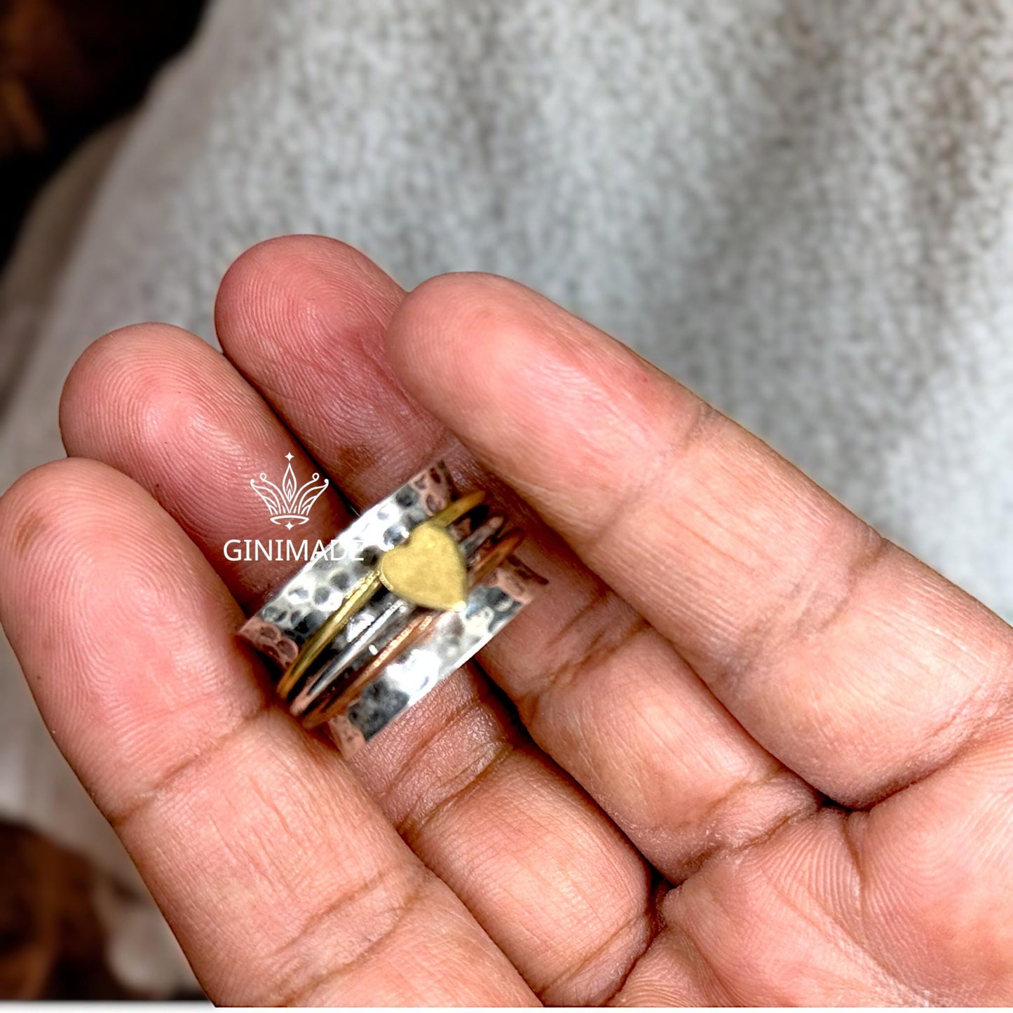 Heart Spinner Ring | Sterling Silver Mixed Metal Fidget Ring Handmade Wide Band Boho Ring | Brass Copper Accent | GINIMADE