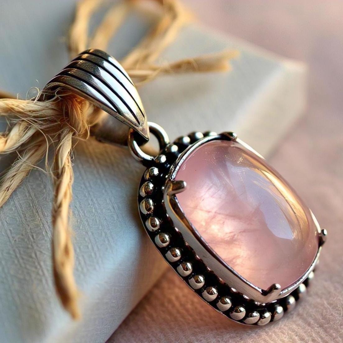 Rose Quartz Pendant Necklace, Boho Chic Jewelry, Sterling Silver, Gift for Her.
