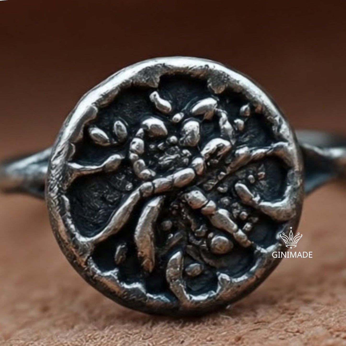 Unique Silver Ring – Handmade Rustic Botanical Ring – One of a Kind Oxidized Flower Ring – Artisan Round Nature Ring by Ginimade