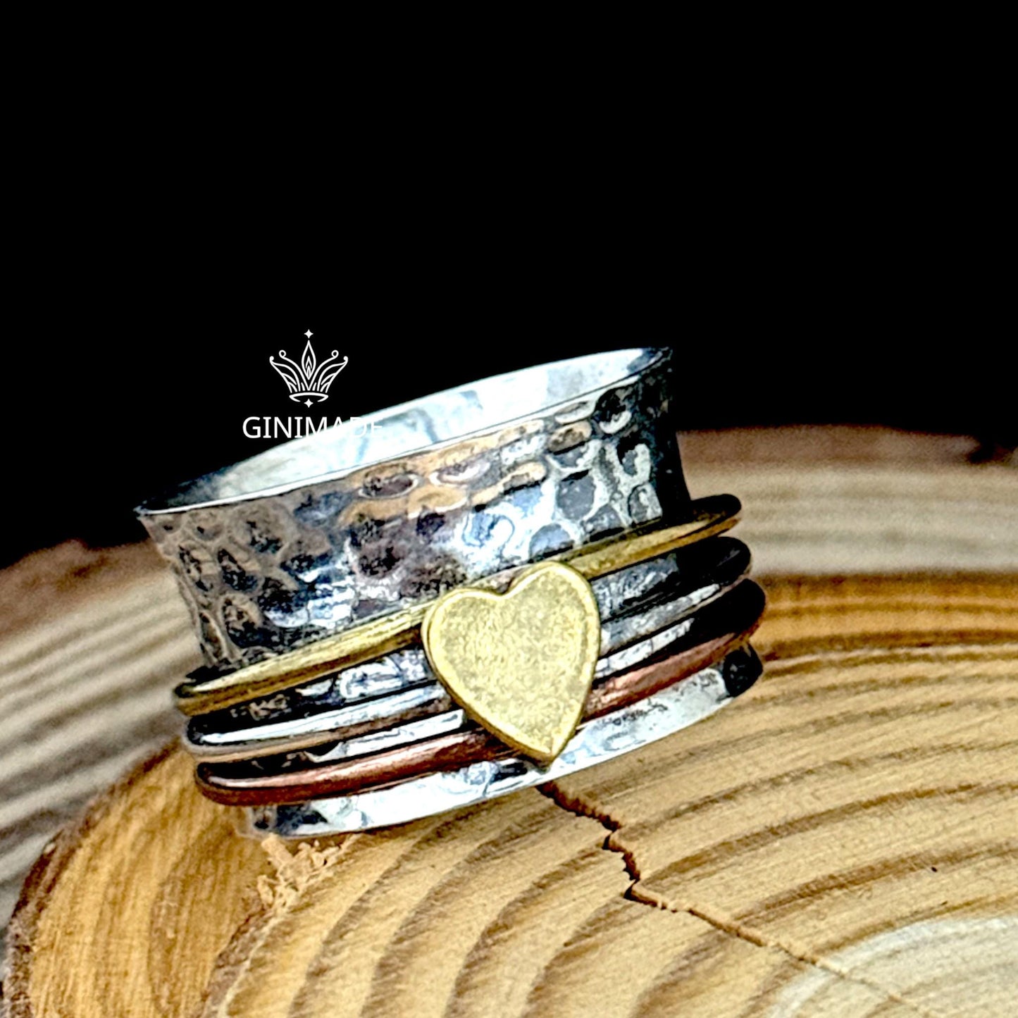 Heart Spinner Ring | Sterling Silver Mixed Metal Fidget Ring Handmade Wide Band Boho Ring | Brass Copper Accent | GINIMADE