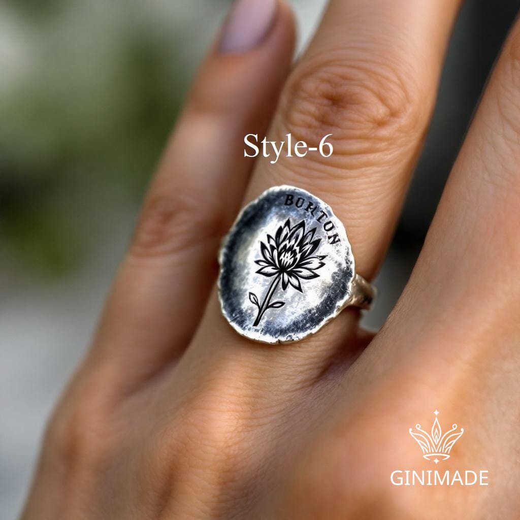 Personalized Birth Flower Ring •  Handmade Family Birth Month Bouquet Ring • Engraved Floral Ring for Mom, Grandma, or Her