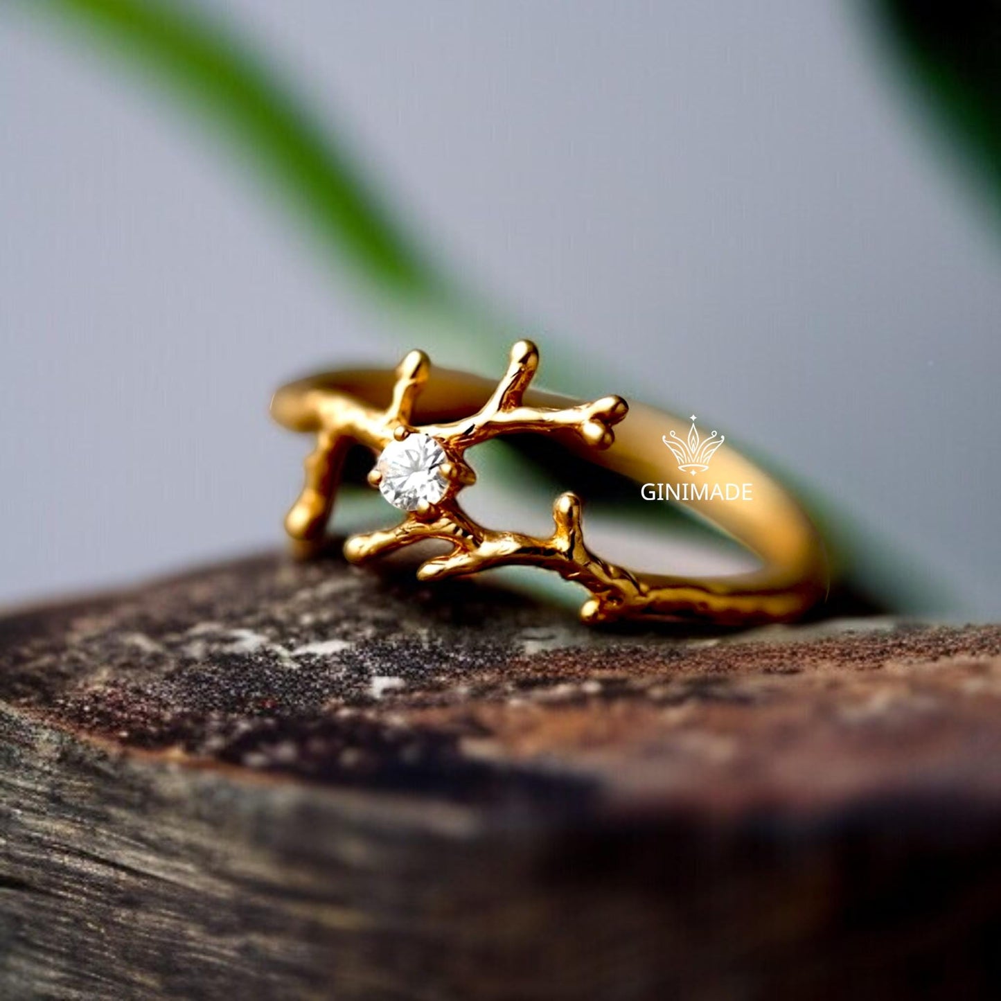 Gold Twig Branch Ring with CZ Diamond | Nature Inspired Gold Plated Band | Woodland Engagement Ring | Dainty Tree Branch Jewelry Gift