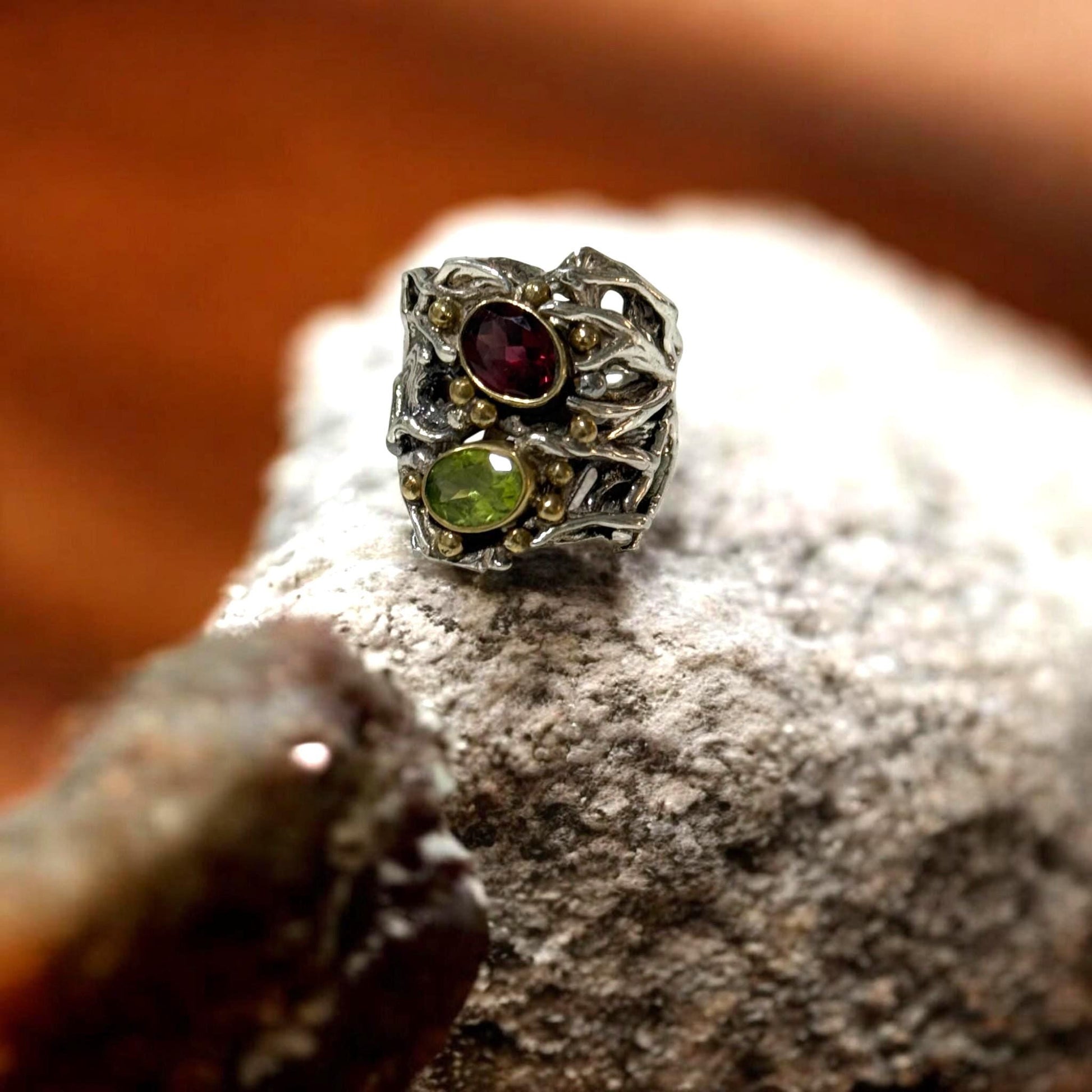 Handmade 925 Sterling Silver Statement Ring with Peridot & Garnet  Artisan Textured Gemstone Ring  Unique Boho Jewelry for Her