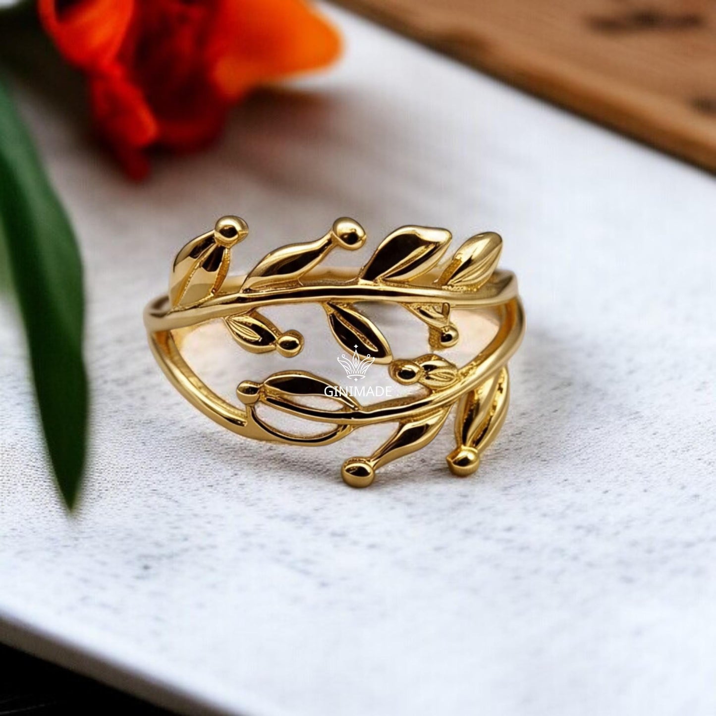 Gold Leaf Branch Ring for Women | Dainty Nature Ring | Shiny Gold Plated Vine Ring | Minimalist Botanical Jewelry Gift