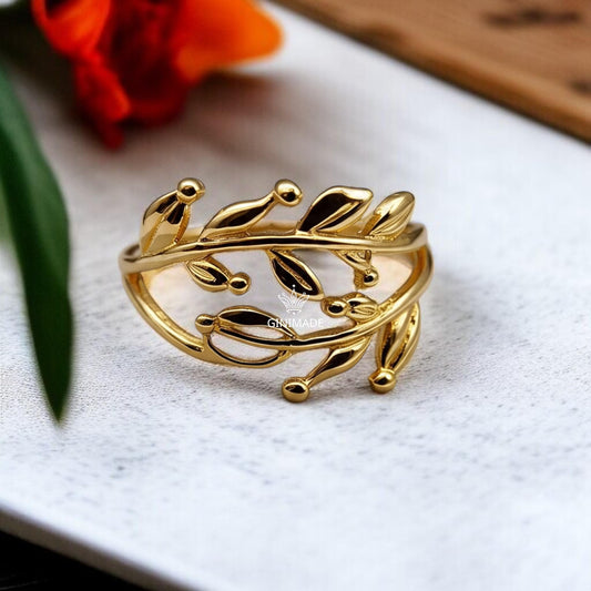 Gold Leaf Branch Ring for Women | Dainty Nature Ring | Shiny Gold Plated Vine Ring | Minimalist Botanical Jewelry Gift