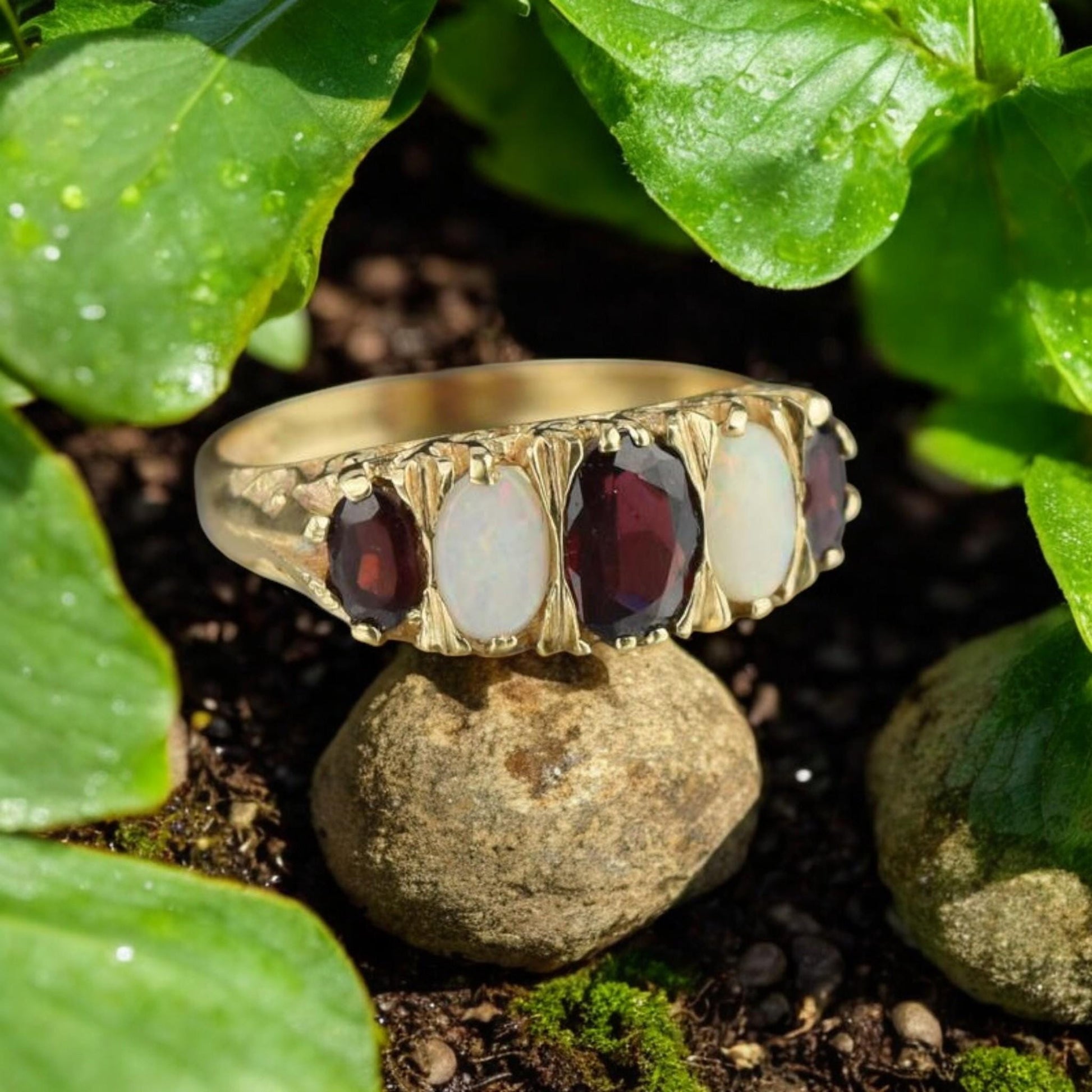 Antique Edwardian-style ring with natural red garnet and opal set in 18K gold-plated sterling silver.