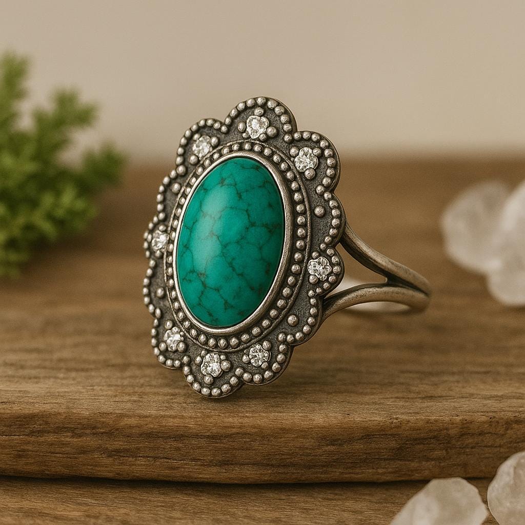 Copper turquoise Rings 925 Sterling Silver – Boho Oval Gemstone Ring with CZ Accents, Vintage Bohemian Jewelry
