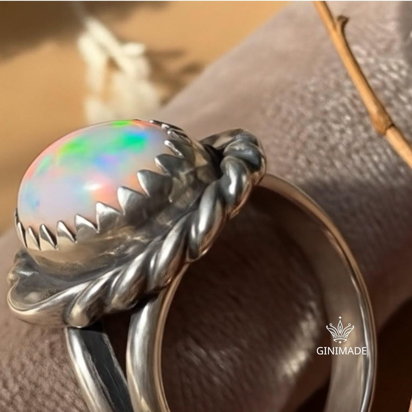 Vintage Fire Opal Ring | Sterling Silver Twisted Rope Design | Oval Rainbow Opal Statement Ring | October Birthstone Jewelry