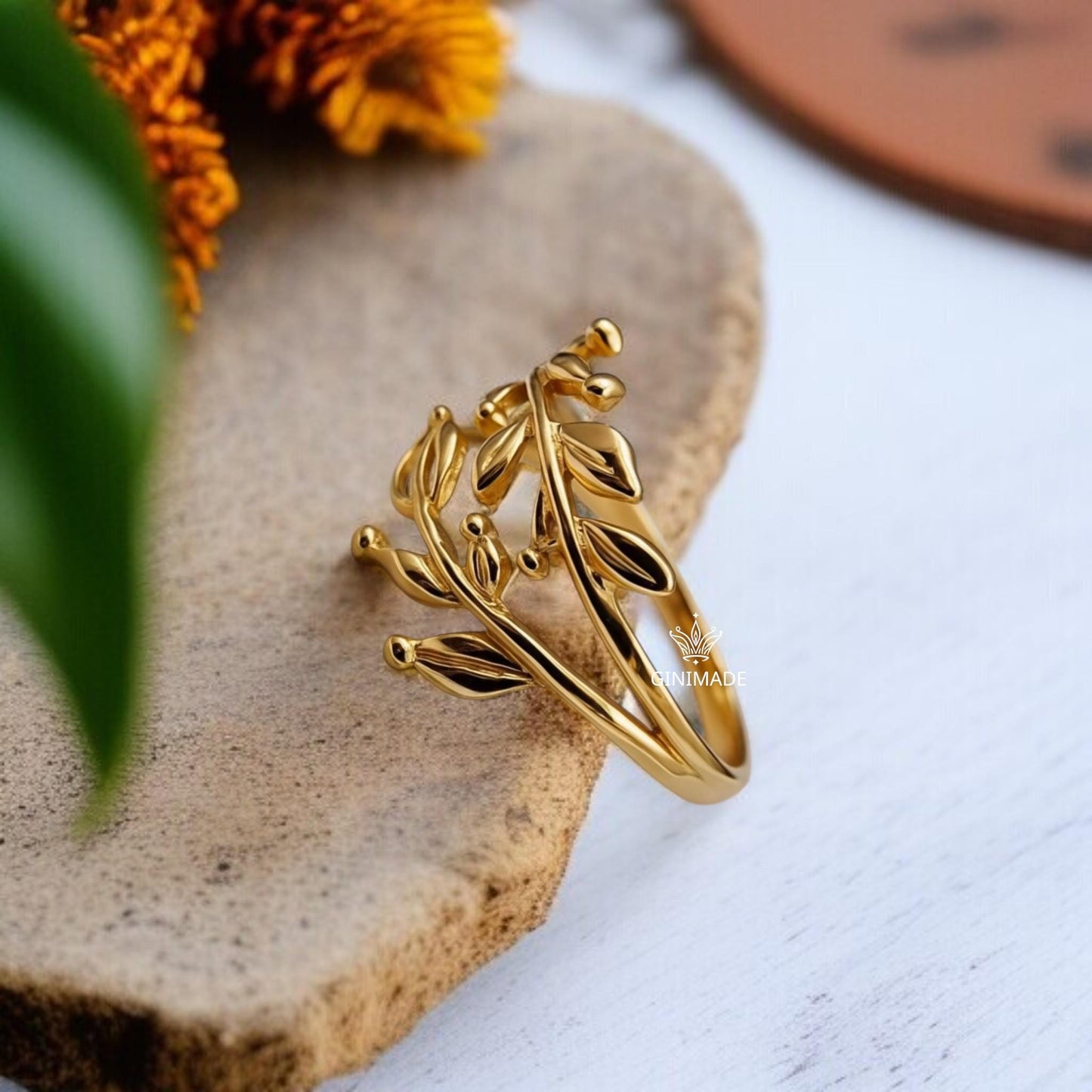Gold Leaf Branch Ring for Women | Dainty Nature Ring | Shiny Gold Plated Vine Ring | Minimalist Botanical Jewelry Gift