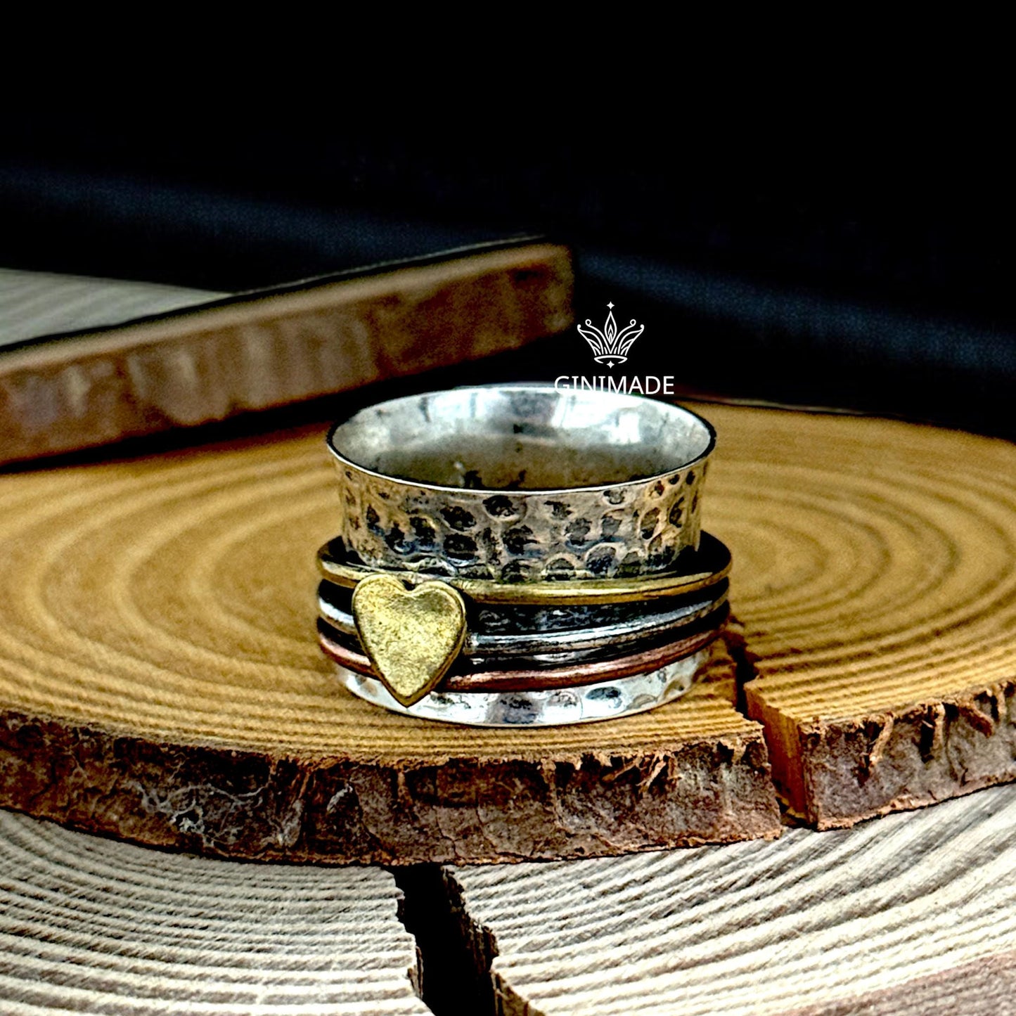Heart Spinner Ring | Sterling Silver Mixed Metal Fidget Ring Handmade Wide Band Boho Ring | Brass Copper Accent | GINIMADE