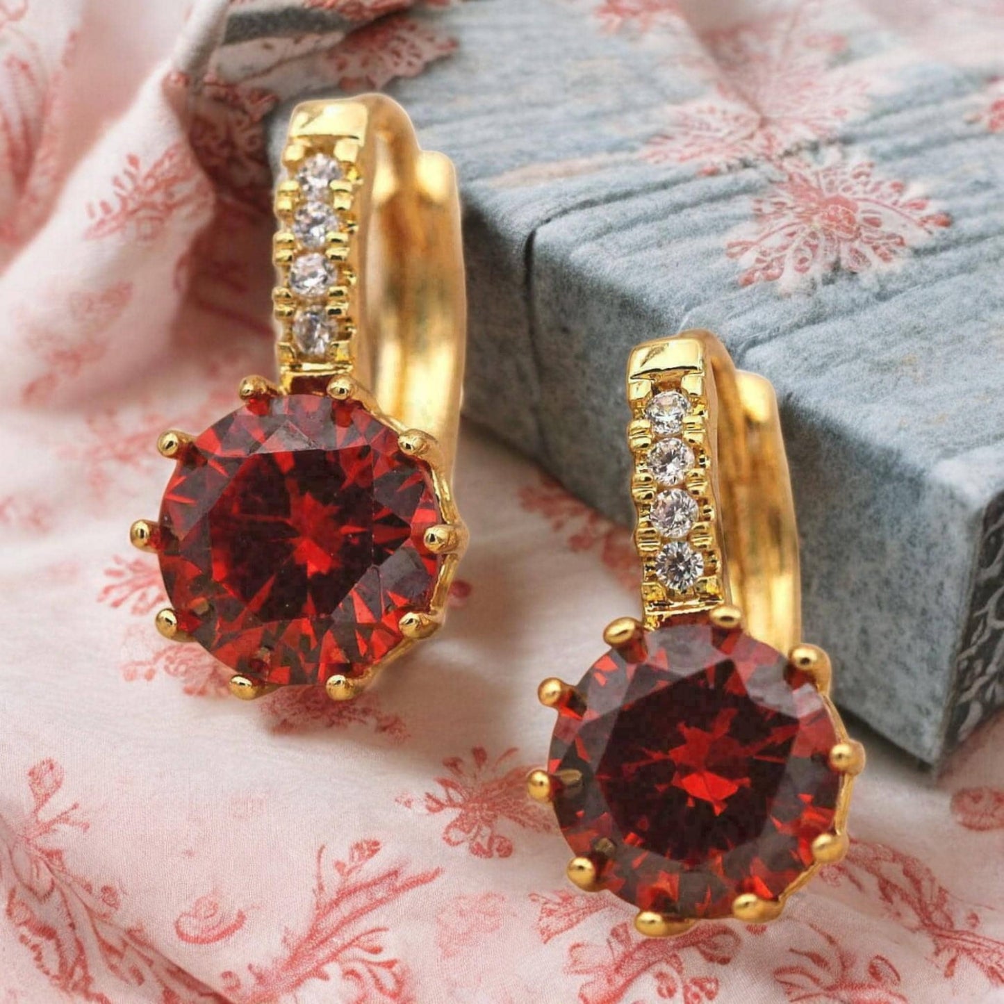 Elegant Women's Hoop Earrings with Dark Red & White CZ Crystals | 925 Sterling Silver, 18ct Gold Filled | Valentine's Day Gift for her.