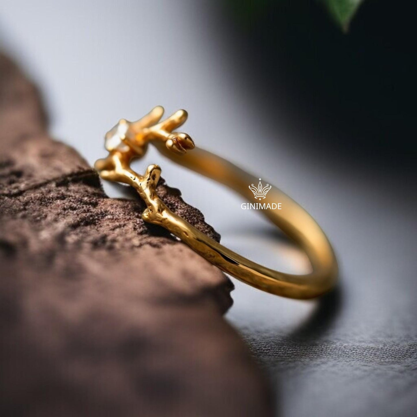 Gold Twig Branch Ring with CZ Diamond | Nature Inspired Gold Plated Band | Woodland Engagement Ring | Dainty Tree Branch Jewelry Gift